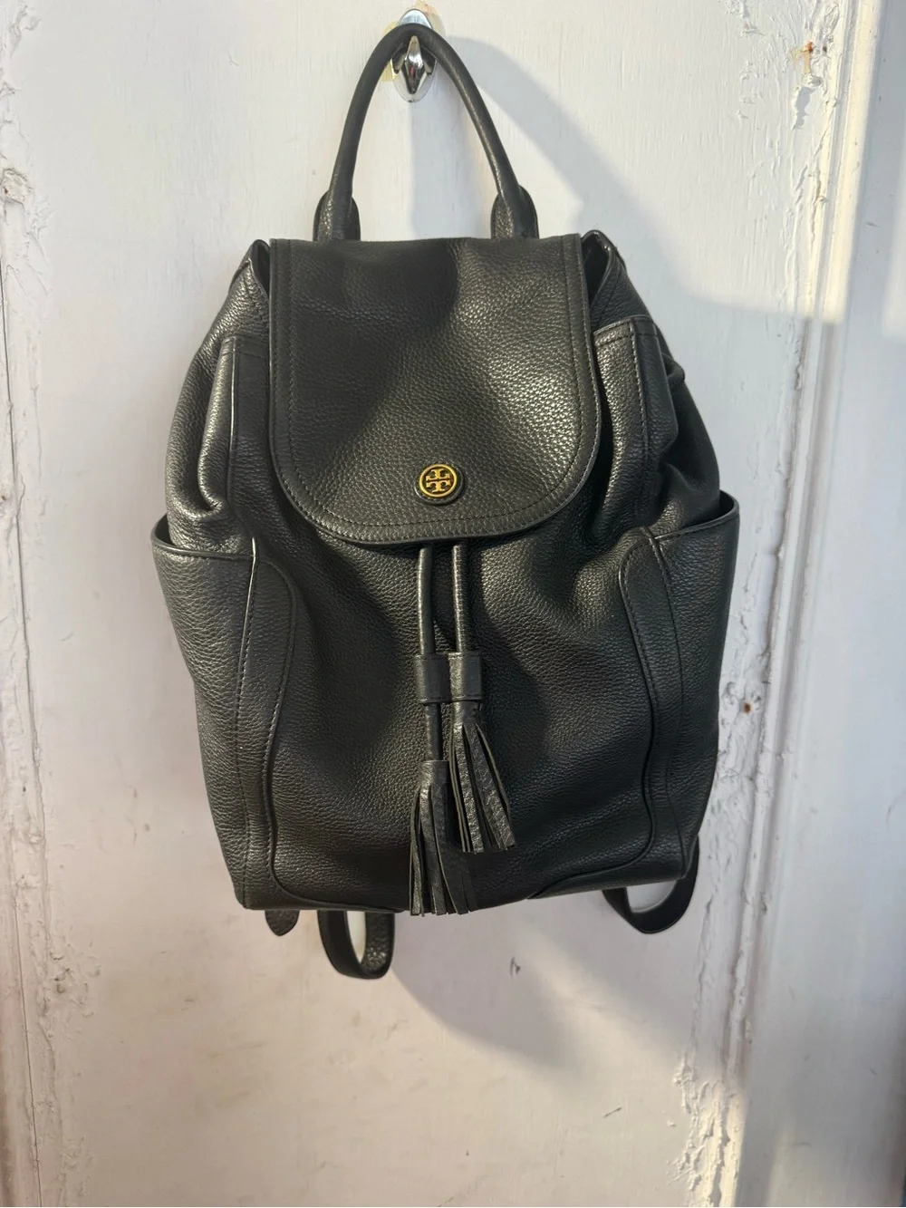 Tory Burch Black Pebbled Leather Drawstring Backpack with Tassels